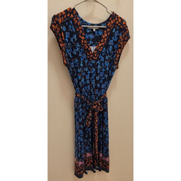 Daniel Rainn Small Dress. Black W/blue/red Floral Pattern Elastic Waist. Belt - Picture 1 of 6